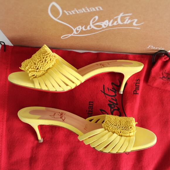 Christian Louboutin Belbrossa Yellow Suede Pompom Fringe Slip-On Kitten Heels - Picture 5 of 16